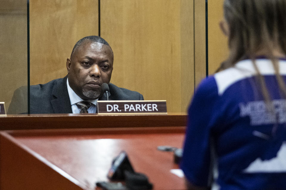 Newport News Superintendent George Parker listens as members of the public speak in front of the Newport News School Board at the Newport News Public Schools Administration building on Tuesday, Jan. 17, 2023, in Newport News, Va. (Billy Schuerman/The Virginian-Pilot via AP)