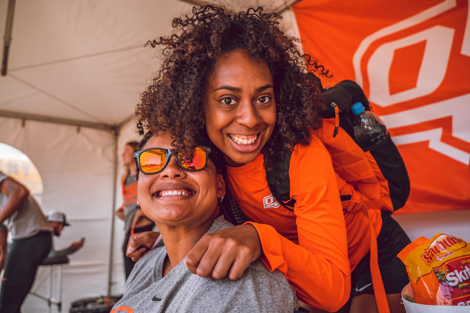 Oklahoma State long jumper Sanye Ford, right, poses with teammate Hannah Bradford. Ford is donating her kidney in a paired donation so that her mom, Rhonda, receives a kidney due to Stage IV kidney disease.