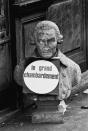 <p>A damaged bust is seen on Rue des Saints Pères after student clashes with police in the Latin Quarter of Paris on May 11, 1968. (Photo: Gökşin Sipahioğlu/SIPA) </p>