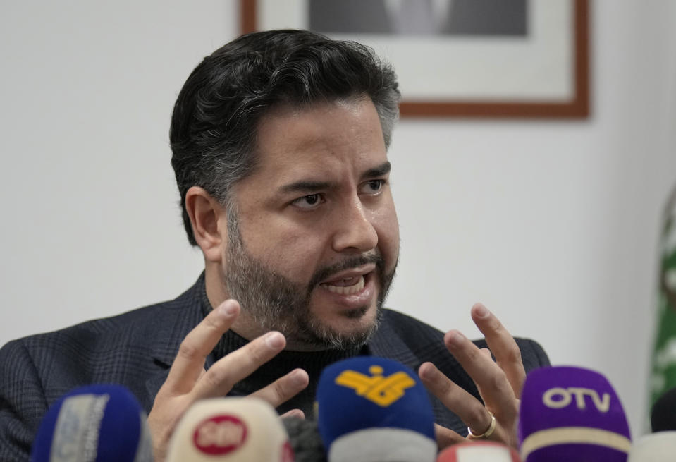 Minister of Economy and Trade Amin Salam, speaks during a press conference in Beirut, Lebanon, Friday, Feb. 25, 2022. Salam said the small crisis-hit country which imports most of its wheat from Ukraine has one month's wheat reserves at most. (AP Photo/Bilal Hussein)