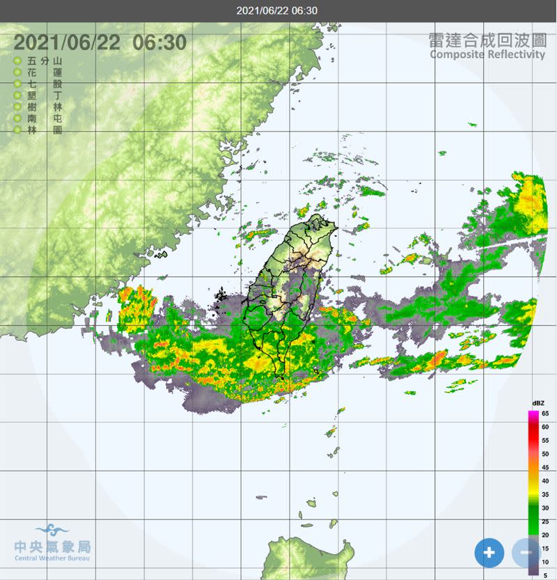 今日典型梅雨滯留鋒重返台灣附近徘徊，全台10縣市發布豪雨、大雨特報。（圖／中央氣象局）