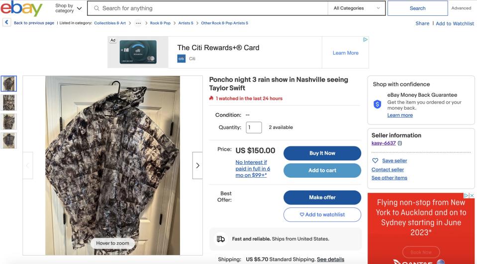 screenshot of rain poncho being sold for $150 on ebay