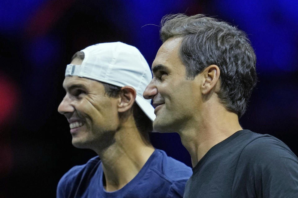 Switzerland's Roger Federer, right, and Spain's Rafael Nadal attend a training session ahead of the Laver Cup tennis tournament at the O2 in London, Thursday, Sept. 22, 2022. (AP Photo/Kin Cheung)