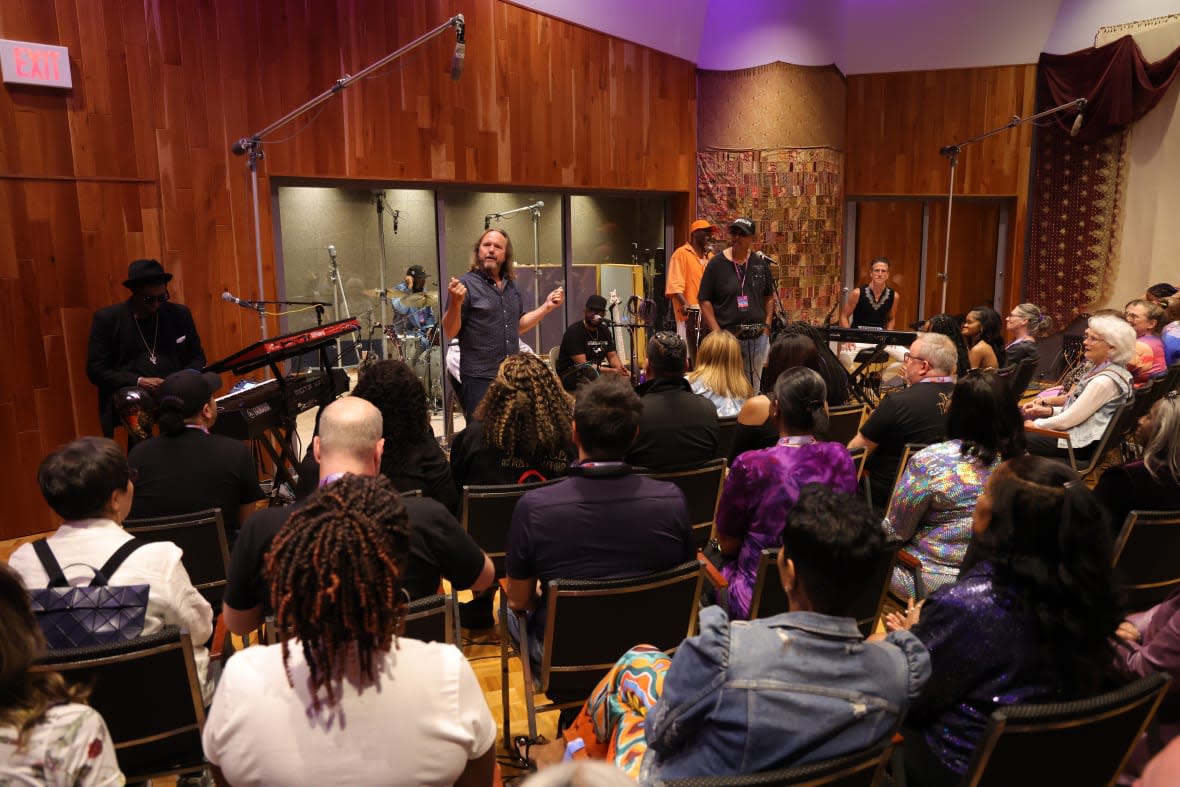 Leading a listening session on June 9 in Studio A at Paisley Park are (from left) Morris Hayes, Brandon Commodore, Tom Garneau, Levi Seacer Jr., Josh Dunham, Damon Dickson, Tony M., and Tommy Barbarella. (Photo by Kevin Mazur/Getty Images for Paisley Park)