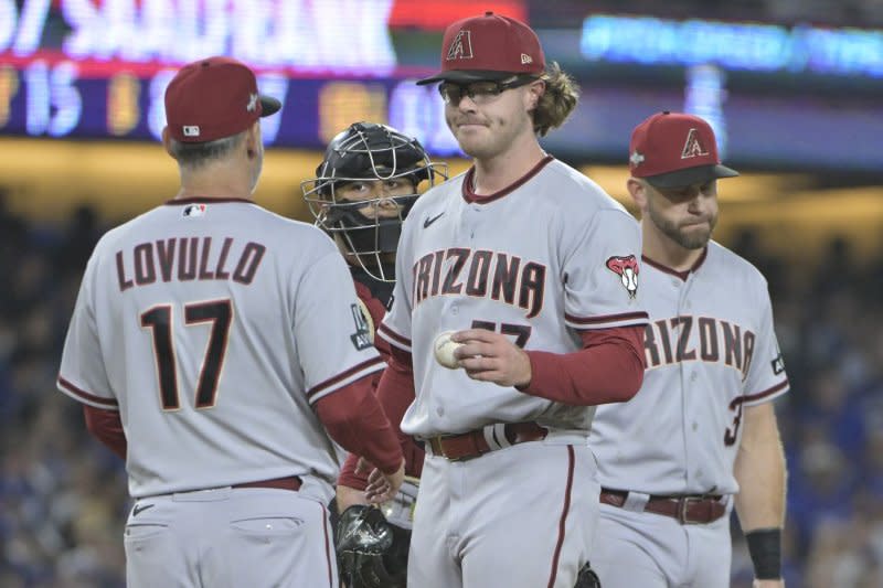 Arizona Diamondbacks pitcher Andrew Saalfrank (C) placed $444.07 in MLB-related wagers, the league said. File Photo by Alexander Gallardo/UPI