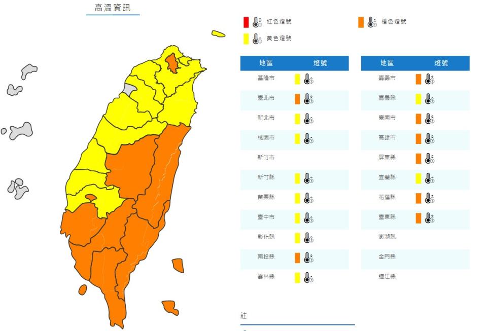 氣象局持續針對18縣市發布高溫資訊。（圖／中央氣象局）