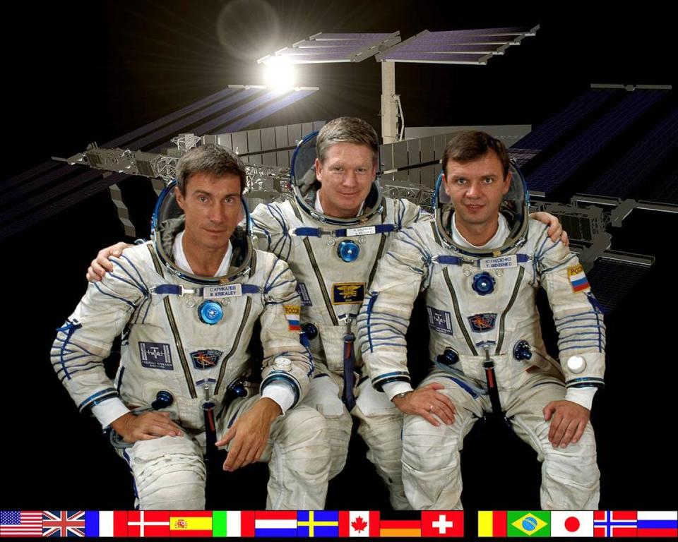 <span class="caption">The official portrait of the Expedition 1 crew (from left to right, Sergei K. Krikalev, William M. Shepherd and Yuri Pavlovich), the first humans to live aboard the International Space Station. Arriving on station on Nov. 2, 2000, they were the first of 64 crews to live and work aboard the orbital laboratory.</span> <span class="attribution"><a class="link " href="https://www.nasa.gov/image-feature/celebrating-20-years-on-station-expedition-1" rel="nofollow noopener" target="_blank" data-ylk="slk:NASA/JHUAPL/SwRI;elm:context_link;itc:0;sec:content-canvas">NASA/JHUAPL/SwRI</a></span>