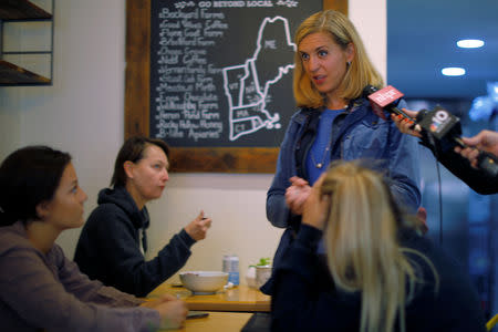 Democratic candidate for the U.S. Congress Maura Sullivan greets voters at Laney & Lu in Exeter, New Hampshire, U.S., September 10, 2018. REUTERS/Brian Snyder