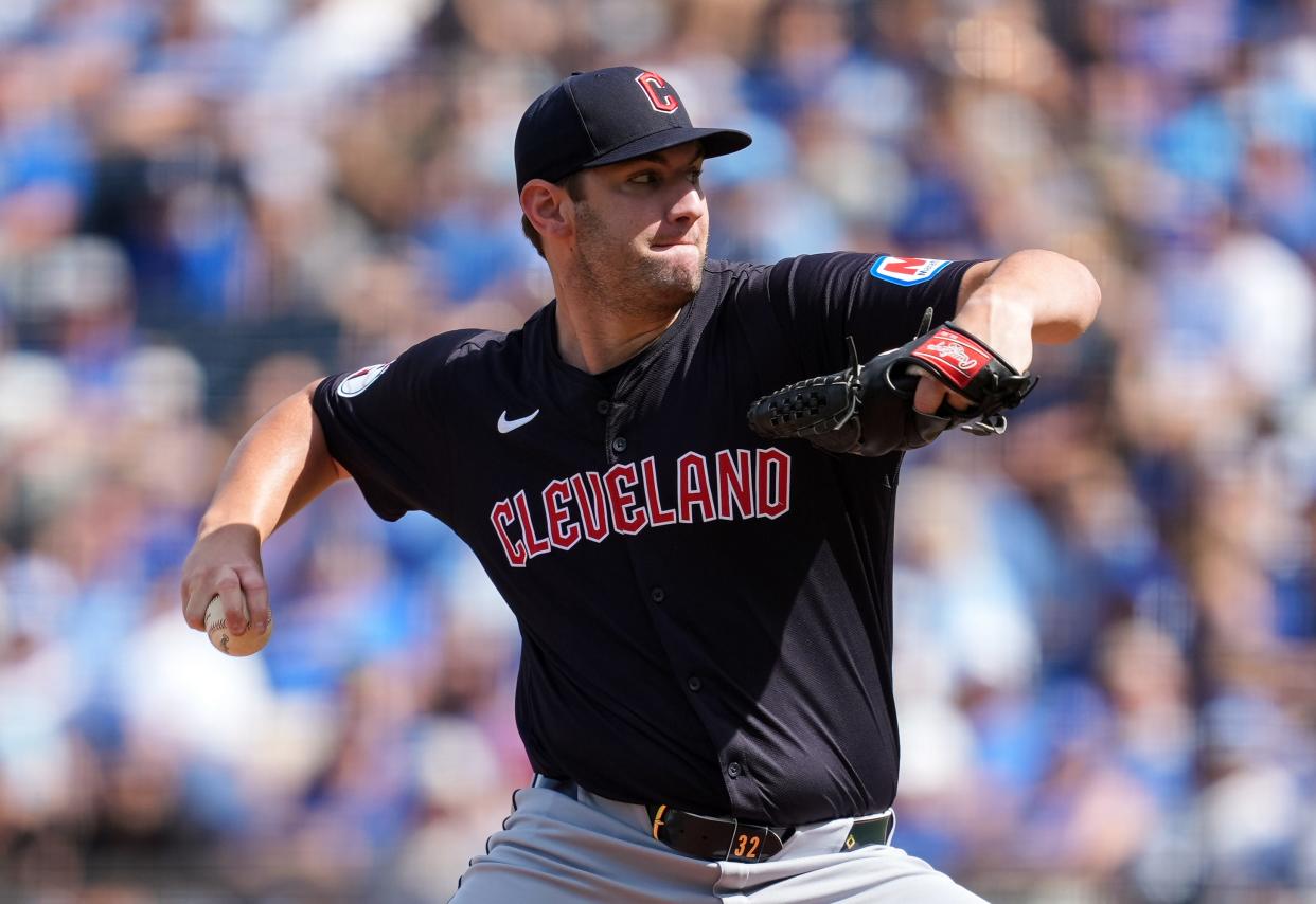 Cleveland Guardians starter Gavin Williams (32) pitches against the Kansas City Royals on Monday in Kansas City.