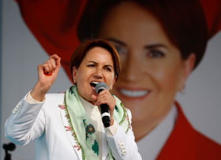 Iyi (Good) Party leader Meral Aksener addresses her supporters during an election rally in Izmit, Turkey, June 19, 2018.REUTERS/Osman Orsal