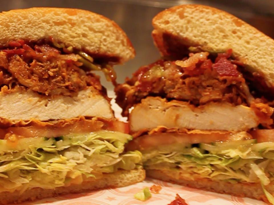 fried chicken sandwich on a bun with lettuce