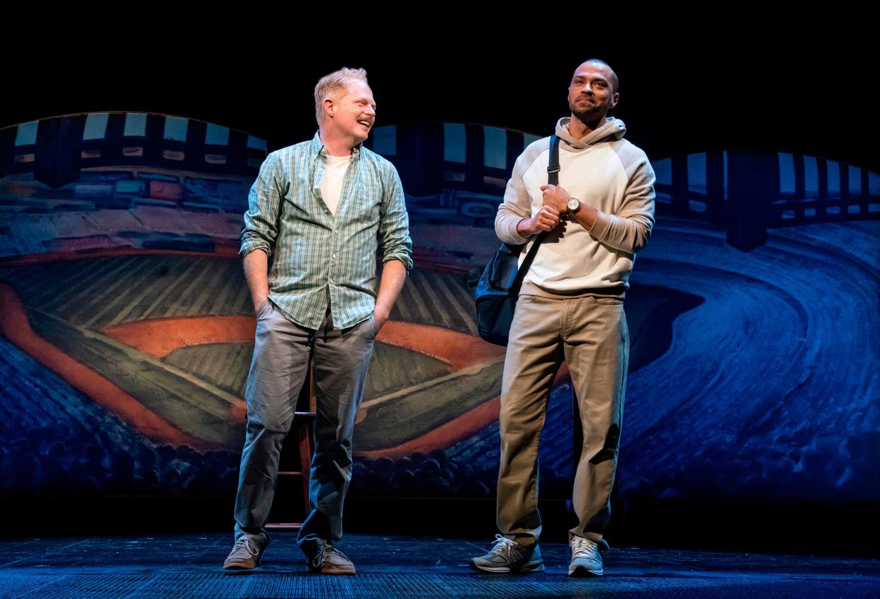 This image released by Polk & Co. shows Jesse Tyler Ferguson, left, and Jesse Williams during a performance of the Broadway revival of the baseball-themed 