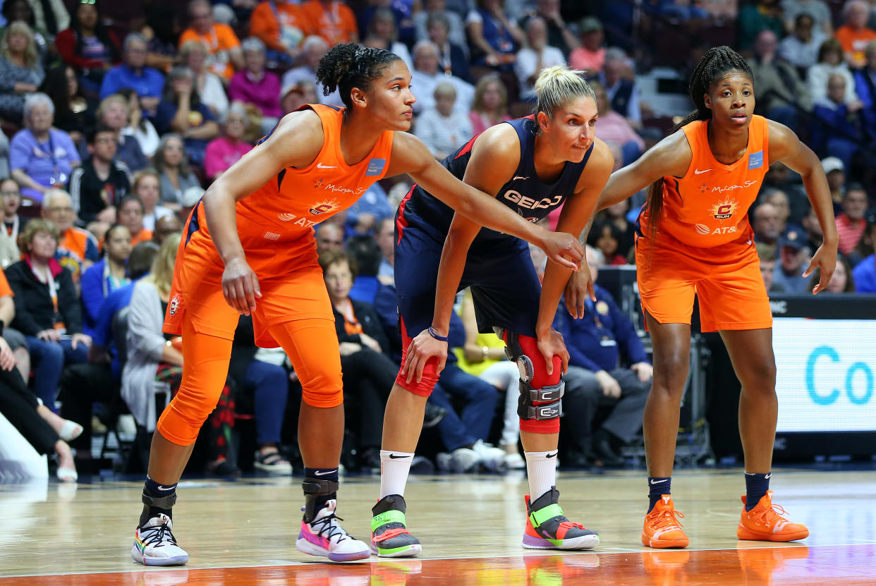 UNCASVILLE, CT - JUN 11: Connecticut Sun forward Alyssa Thomas (25), Washington Mystics forward Elena Delle Donne (11) and Connecticut Sun guard Bria Holmes (32) during the WNBA game between Washington Mystics and Connecticut Sun on June 11, 2019, at Mohegan Sun Arena in Uncasville, CT. (Photo by M. Anthony Nesmith/Icon Sportswire via Getty Images)