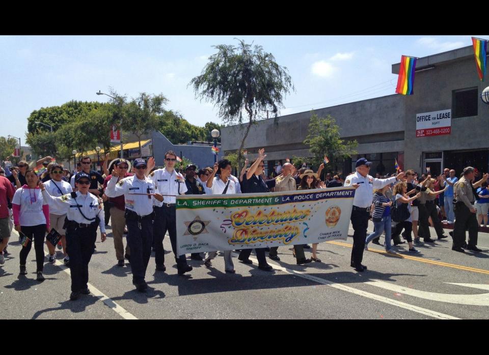 Los Angeles County Sheriff Leroy Baca and LAPD Chief Charlie Beck march in the 2012 West Hollywood CSW Pride Parade with over 60 openly gay peace officers from the LASD, LAPD, FBI and other police departments throughout southern California. 