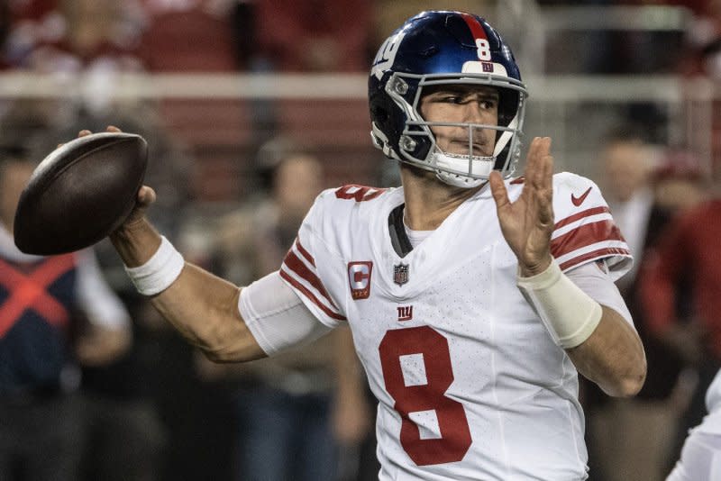 New York Giants quarterback Daniel Jones, who tore his ACL in Week 9, can be dropped from fantasy football rosters. File Photo by Terry Schmitt/UPI