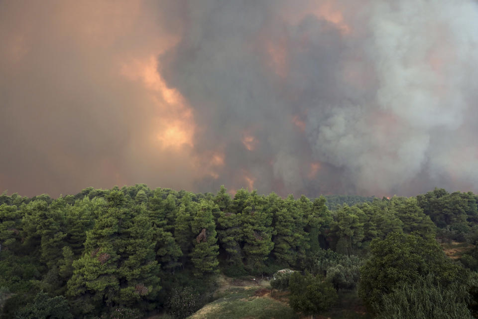 A huge cloud of smoke rise from a forest fire at Psachna village on the island of Evia, northeast of Athens, Tuesday, Aug. 13, 2019. Dozens of firefighters backed by water-dropping aircraft are battling a wildfire on an island north of Athens that has left the Greek capital blanketed in smoke. (AP Photo/Yorgos Karahalis)