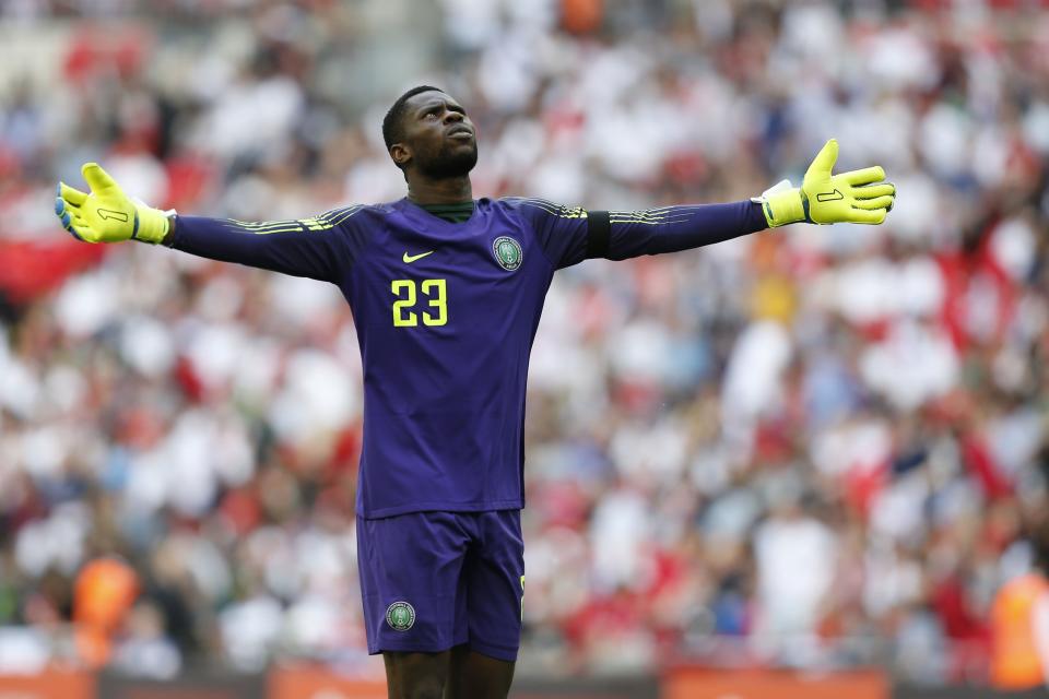 <p>Nigeria keeper Francis Uzohowas beaten by Gary Cahill’s seventh-minute eader </p>