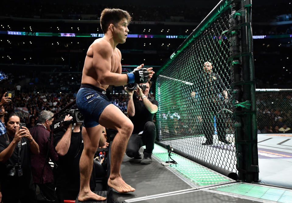 Henry Cejudo, shown here ahead of his flyweight title fight vs. Demetrious Johnson on Aug. 4, 2018 in Los Angeles, headlines UFC’s ESPN debut on Saturday vs. T.J. Dillashaw. (Getty Images)