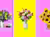 Various flower bouquets in front of colored backgrounds.