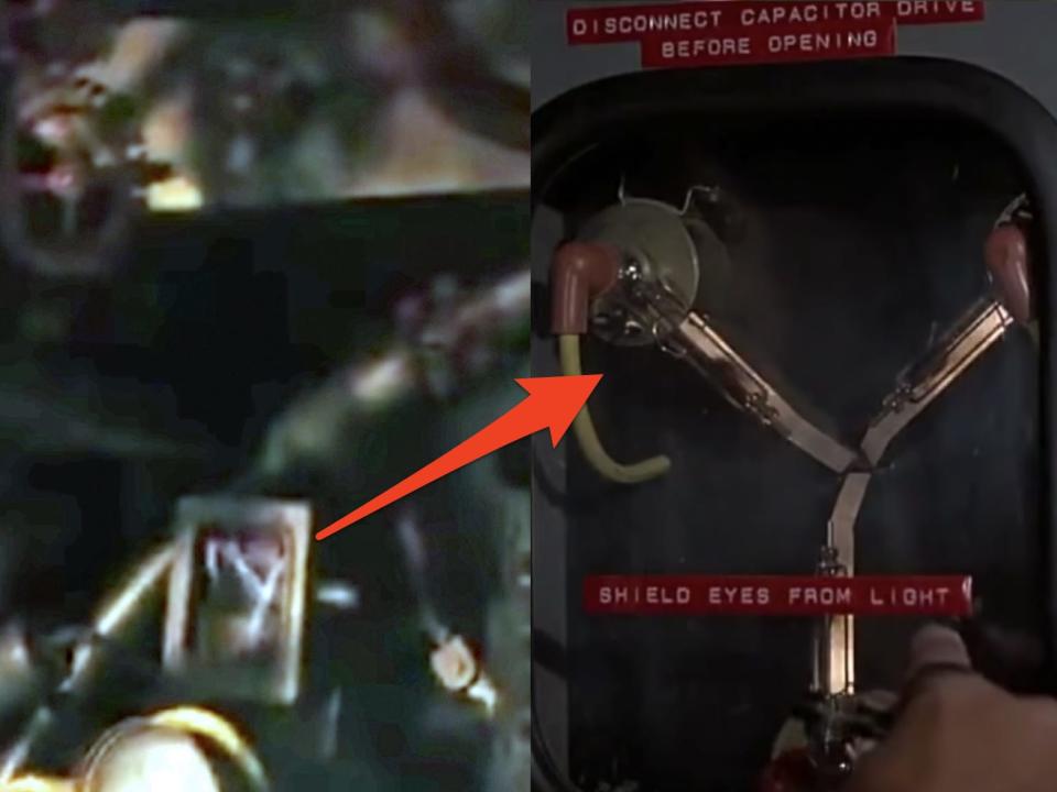 flux capacitor in the background of polar express next to screen grab of flux capacitor from back to the future