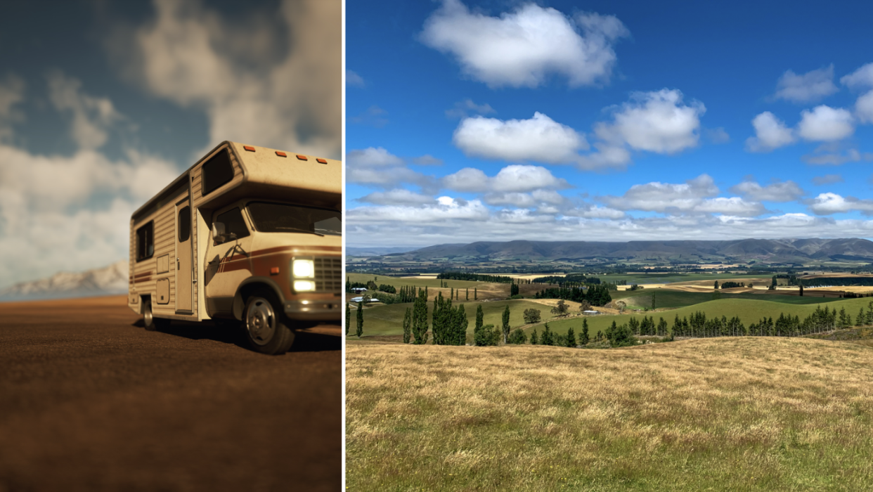 Camper van (left) and Geraldine, Canterbury in New Zealand which car crash incident occured