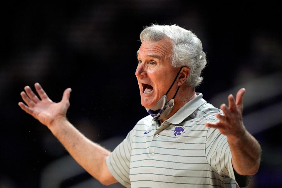 Kansas State coach Bruce Weber talks to his players during the the Wildcats' game against Albany earlier this season in Manhattan.