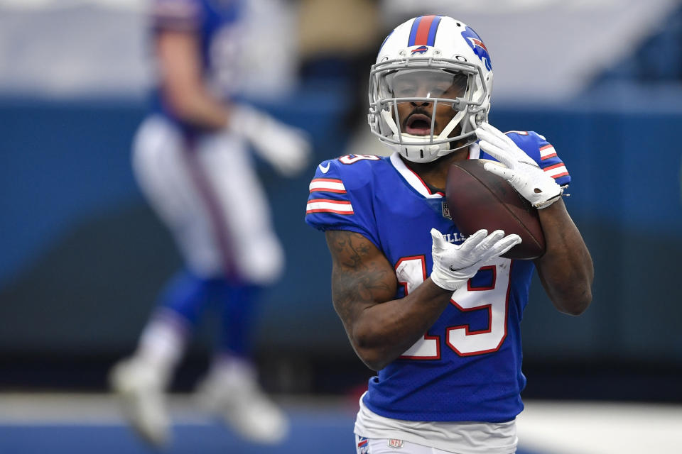 Buffalo Bills wide receiver Isaiah McKenzie (19) catches a touchdown pass in the first half of an NFL football game against the Miami Dolphins, Sunday, Jan. 3, 2021, in Orchard Park, N.Y. (AP Photo/Adrian Kraus)