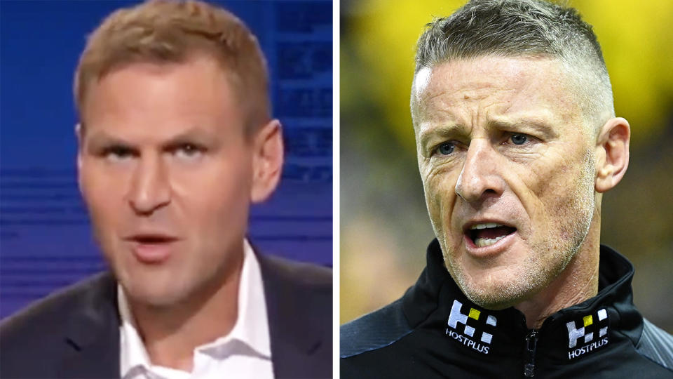 Kane Cornes has labelled Richmond coach Damien Hardwick 'precious' over his complaints about having to play one home game at Marvel Stadium over the MCG last weekend. Pictures: Channel 9/Getty Images
