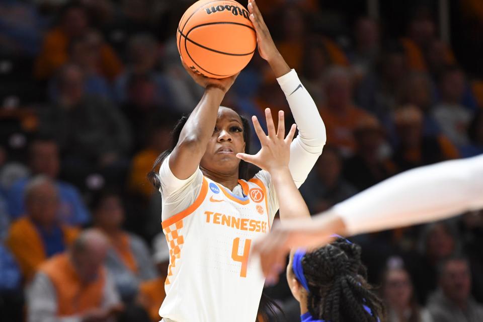 Tennessee guard Jordan Walker (4) takes a shot during a college basketball game between the Lady Vols and St. Louis in the first round of the NCAA tournament, in Thompson-Boling Arena, Saturday, March 18, 2023.