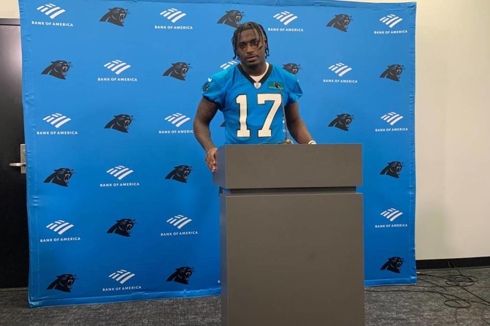 Carolina Panthers rookie wide receiver Xavier Legette addresses the media following the first practice of 2024 rookie minicamp in Charlotte, N.C. on May 10, 2024. Mike Kaye, Charlotte Observer