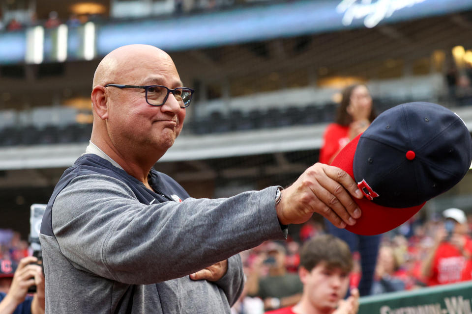 CLEVELAND, OH - SEPTEMBER 27: Cleveland Guardians manager Terry Francona (77) tips as cap to the fans as he is honored prior to the Major League Baseball Interleague game between the Cincinnati Reds and Cleveland Guardians on September 27, 2023, at Progressive Field in Cleveland, OH. Francona is retiring at the end of the season. (Photo by Frank Jansky/Icon Sportswire via Getty Images)