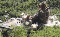 FILE - Command post facilities of North Korea's nuclear test site are blown up in Punggye-ri, North Korea on May 24, 2018. (Korea Pool/Yonhap via AP, File)