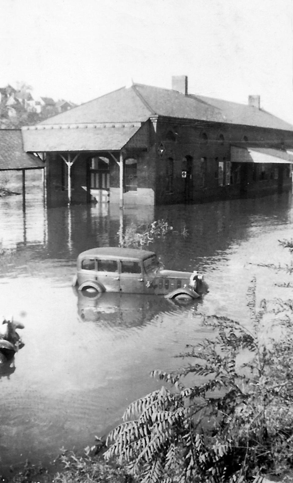 Flooded railroad station.