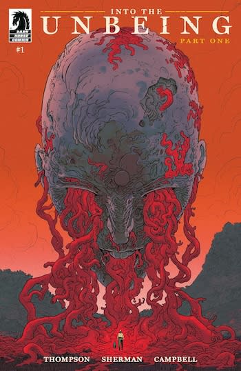 An illustration of a huge, grotesque gray head with red tube-like sludge pouring out of its eyes and mouth onto a path, where a person is standing