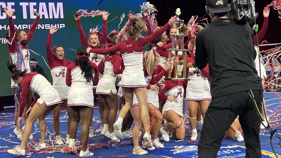 Alabama All-Girl cheer team celebrates as they are announced National Champions in the UCA Division 1A in Orlando.