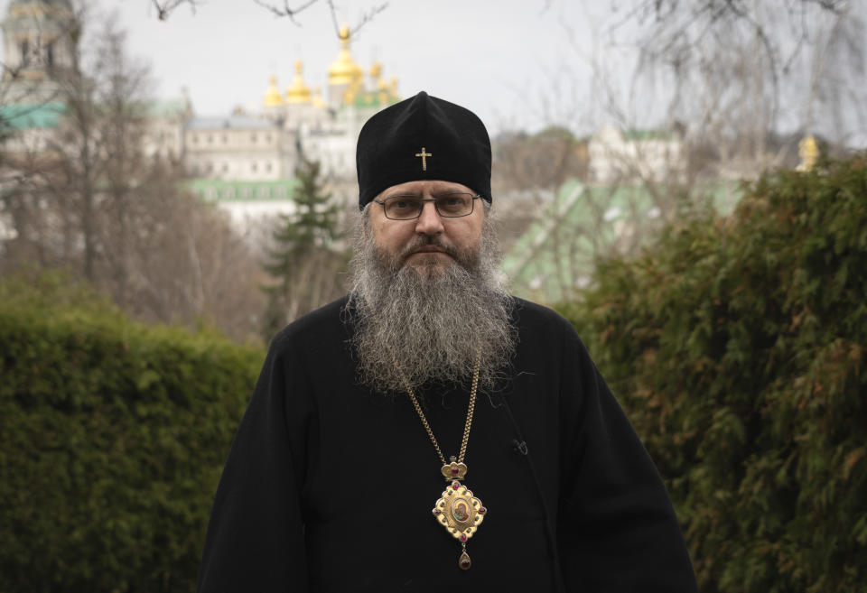 Metropolitan Clement talks to the Associated Press in the Monastery of the Caves, also known as Kyiv-Pechersk Lavra, one of the holiest sites of Eastern Orthodox Christians, in Kyiv, Ukraine, Friday, March 24, 2023. Tensions are on the rise at a prominent Orthodox monastery in Kyiv where the monks are facing eviction later this month. The Ukrainian government accuses the monks of links to Moscow, even though they claim to have severed ties with the Russian Orthodox Church following Russia's full-scale of invasion of Ukraine. (AP Photo/Efrem Lukatsky)