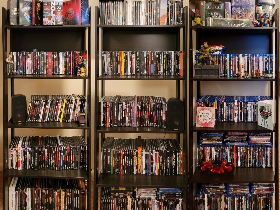 a composite image of three shelves, filled with discs, cards, and pop culture memorabilia