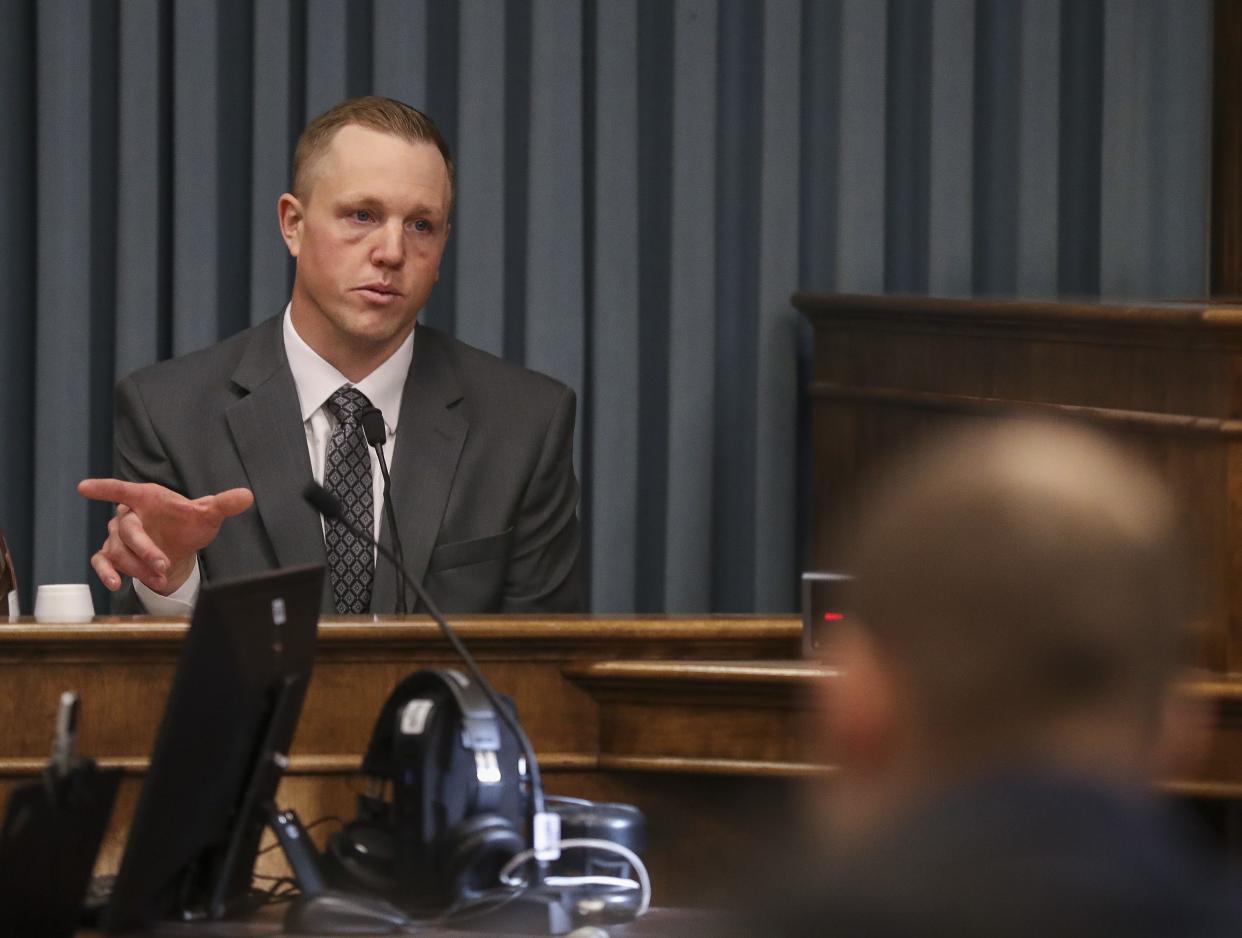 Shane Nolan testifies in his own defense on Thursday, February 1, 2024, at the Brown County Courthouse in Green Bay, Wis. Nolan stands accused of throwing an LGBTQ+ woman into an active fire pit on July 3, 2021.
Tork Mason/USA TODAY NETWORK-Wisconsin