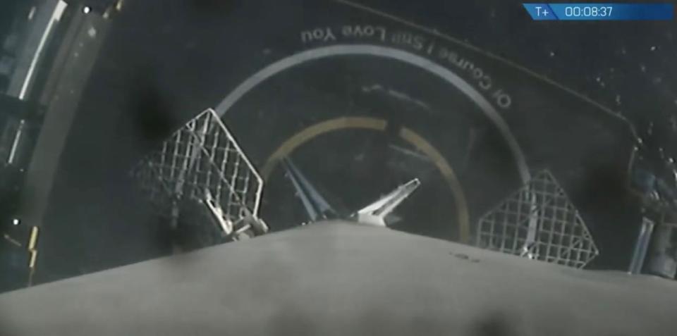 The first stage of a SpaceX Falcon 9 rocket rests on the deck of the drone ship "Of Course I Still Love You" shortly after launching NASA's TESS exoplanet satellite on April 18, 2018. <cite>SpaceX</cite>