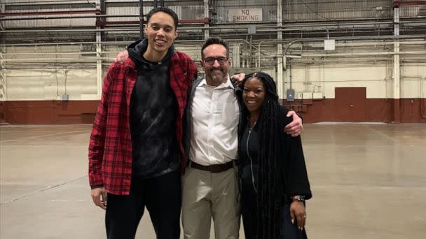 PHOTO: Basketball player Brittney Griner stands with U.S. Special Presidential Envoy for Hostage Affairs Roger Carstens and her wife Cherelle after arriving in the U.S. following her release by Russia. (U.S. Dept. of State)
