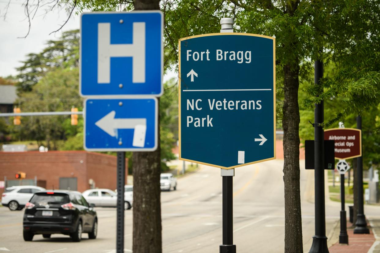 Sign for Fort Bragg and NC Veterans Park on Hay Street in Fayetteville.