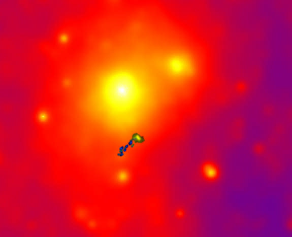 An alternate-color version of a photo of the dwarf galaxy IC3418, which appears to be in the process of dying.