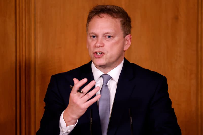 FILE PHOTO: Britain's Transport Secretary Grant Shapps speaks during a virtual news conference in London