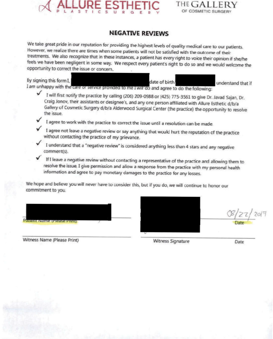 An alleged copy of Allure Esthetic's patient non-disclosure agreement filed in the Washington attorney general's lawsuit.