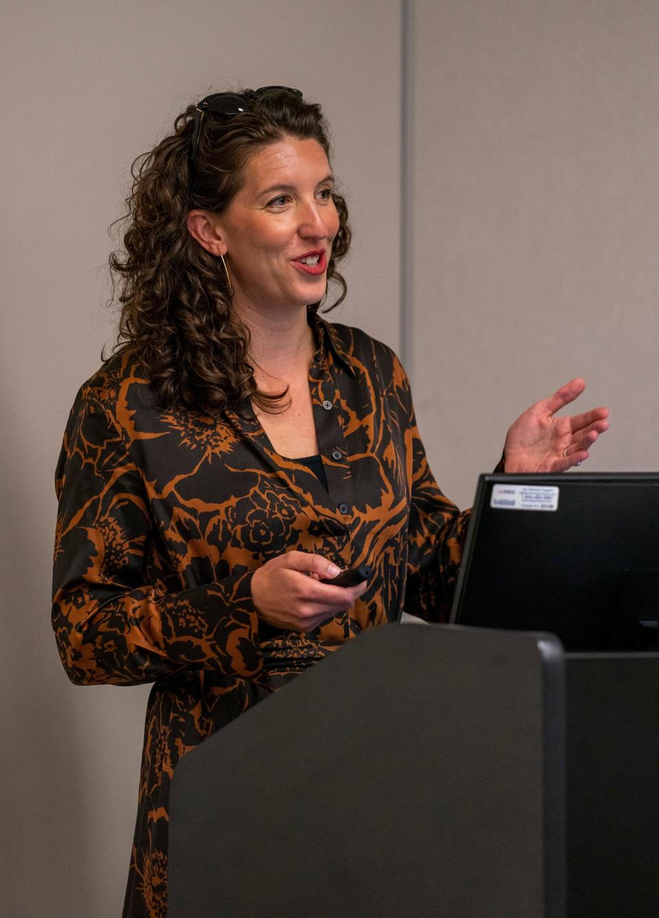 Anna Cawrse, principal landscape architect for Sasaki, reveals the Ohio River Vision and Strategic Plan to the media at Innovation Pointe in Downtown Evansville Tuesday, May 21, 2024.