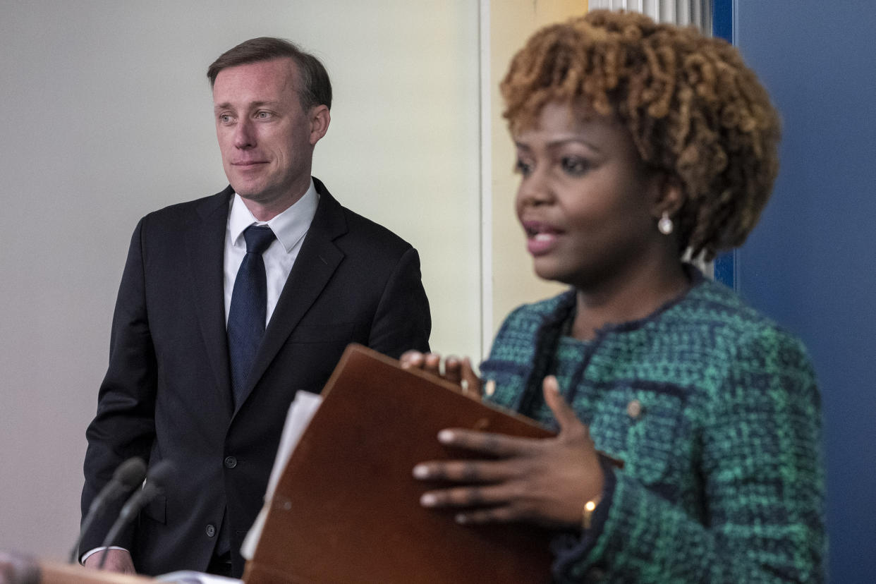 White House national security adviser Jake Sullivan, accompanied by White House press secretary Karine Jean-Pierre, arrives to speak at a press briefing at the White House in Washington, Monday, April 24, 2023. (AP Photo/Andrew Harnik)