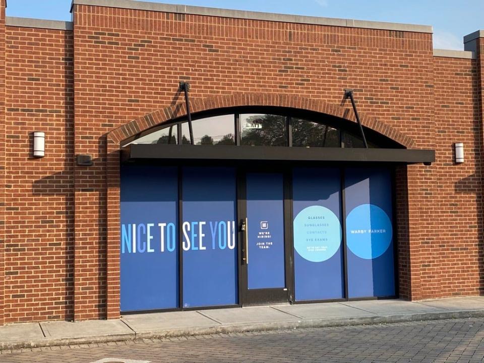 Signage at the storefront for the new Warby Parker opening at 5356 Kingston Pike. It plans to open in 2023, but no date has been given.