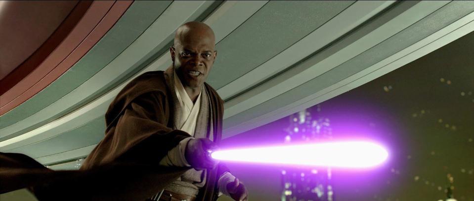 Samuel L. Jackson Film: Star Wars: Episode Iii - Revenge Of The Sith (USA 2005) Characters: Mace Windu  Director: George Lucas 15 May 2005   **WARNING** This Photograph is for editorial use only and is the copyright of LUCASFILM and/or the Photographer assigned by the Film or Production Company and can only be reproduced by publications in conjunction with the promotion of the above Film. A Mandatory Credit To LUCASFILM is required. The Photographer should also be credited when known. No commercial use can be granted without written authority from the Film Company.