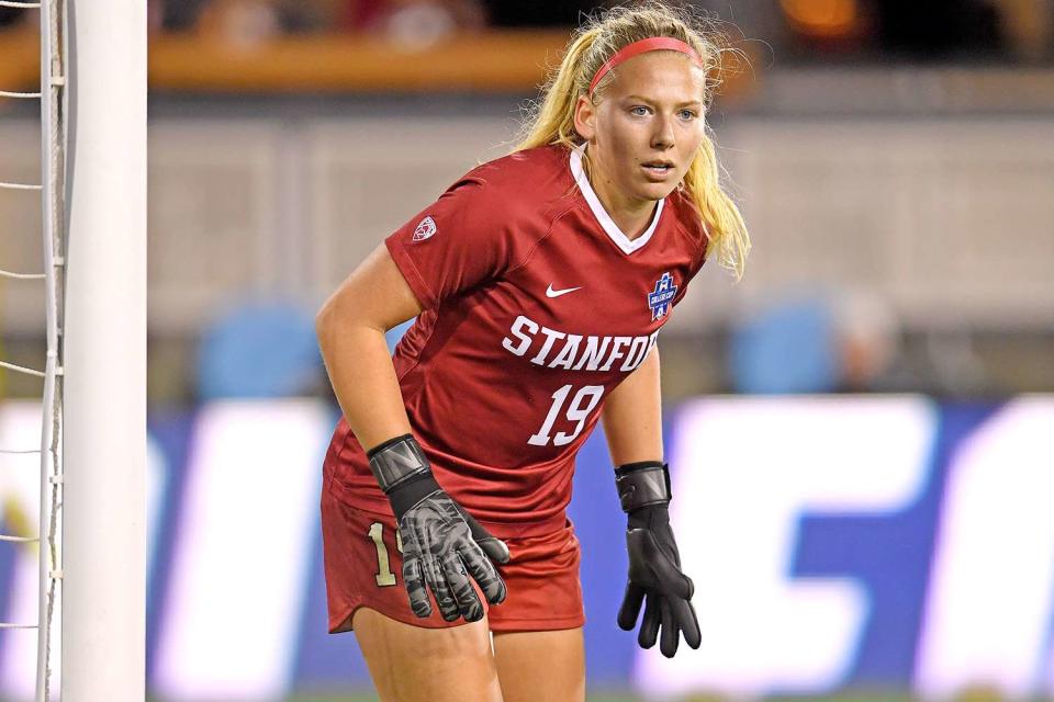 SAN JOSE, CA - DECEMBER 08: Katie Meyer #19 of the Stanford Cardinal defends the goal against the North Carolina Tar Heels during the Division I Women's Soccer Championship held at Avaya Stadium on December 8, 2019 in San Jose, California. Stanford defeated North Carolina in a shootout. (Photo by Jamie Schwaberow/NCAA Photos via Getty Images)