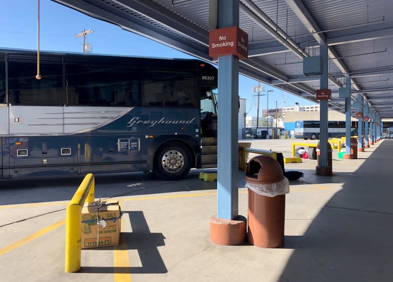The downtown Los Angeles Greyhound bus station is seen Tuesday, Feb. 4, 2020. It was the embarkation point Monday for the Bay Area-bound bus on which a gunman killed a woman and wounded five others enroute, in Lebec, Calif. (AP Photo/Stefanie Dazio)